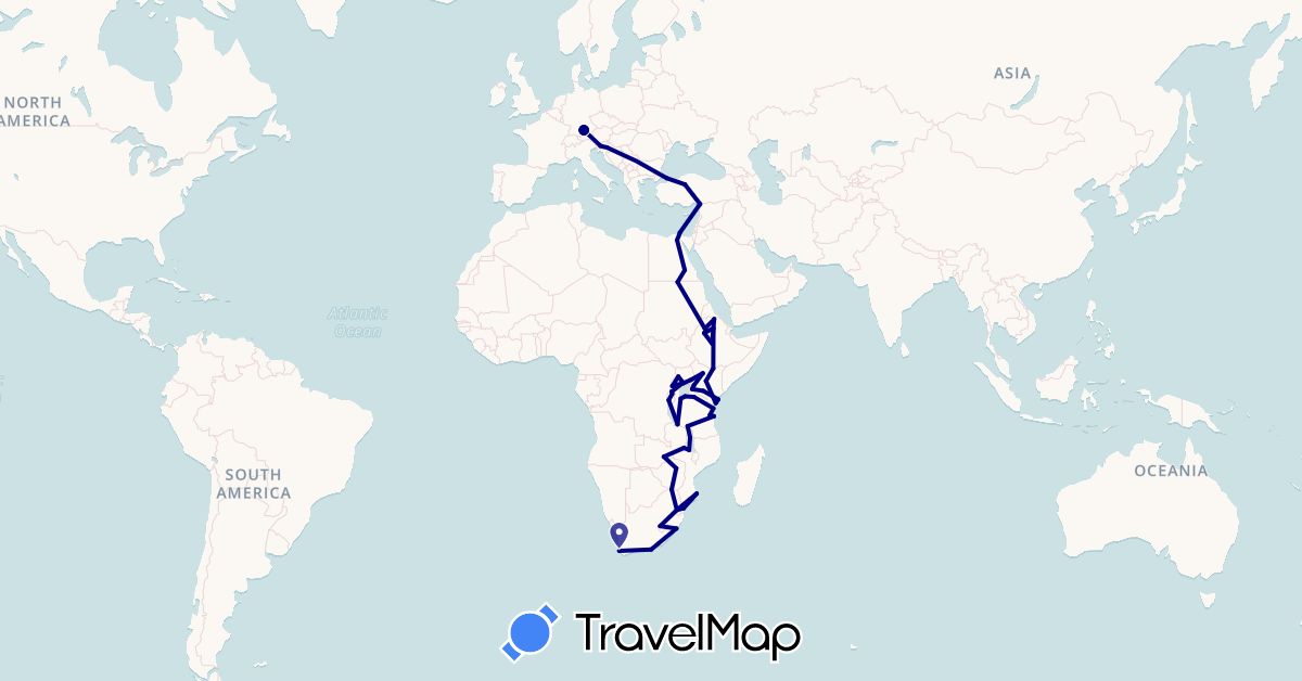 TravelMap itinerary: driving in Burundi, Germany, Egypt, Ethiopia, Croatia, Kenya, Lesotho, Malawi, Mozambique, Rwanda, Sudan, Slovenia, Swaziland, Turkey, Tanzania, Uganda, South Africa, Zambia, Zimbabwe (Africa, Asia, Europe)