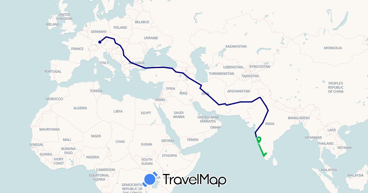 TravelMap itinerary: driving, bus in Bulgaria, Czech Republic, Germany, Hungary, India, Iran, Pakistan, Serbia, Slovakia, Turkey (Asia, Europe)