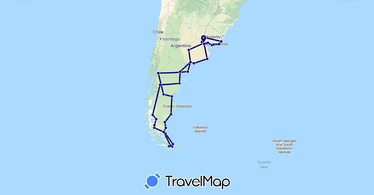 TravelMap itinerary: driving in Argentina, Chile, Uruguay (South America)